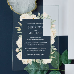 Invitaciones Acrílicas Flores azules y rosas blandas Primavera Botánica