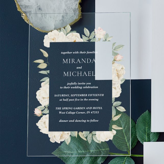 Invitaciones Acrílicas Flores azules y rosas blandas Primavera Botánica (Subido por el creador)