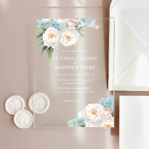 Invitaciones Acrílicas Flores azules y rosas blandas Primavera Botánica