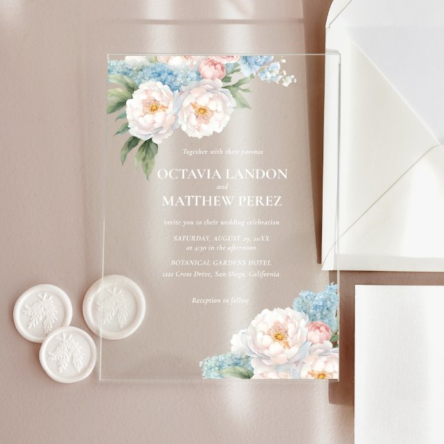 Invitaciones Acrílicas Flores azules y rosas blandas Primavera Botánica (Subido por el creador)