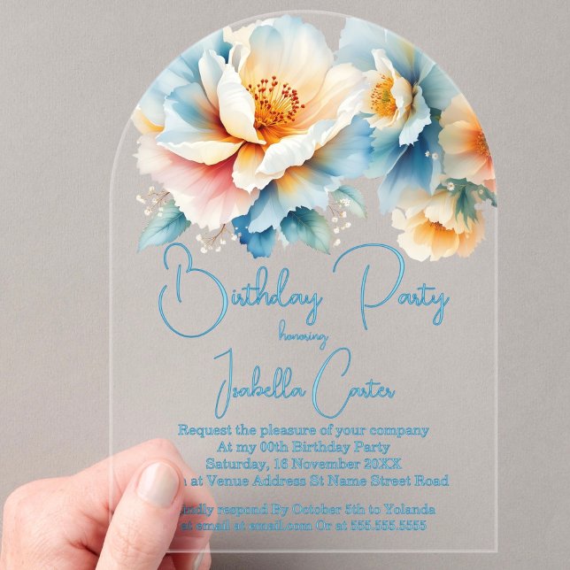 Invitaciones Acrílicas Flores blancas amarillas azules de la fiesta de cu (Subido por el creador)