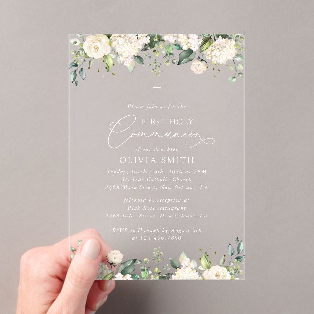 Invitaciones Acrílicas Flores blancas crema, Boho, Primera Comunión (Insitu (portátil))