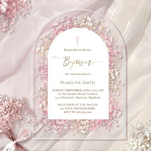 Invitaciones Acrílicas flores blancas de acuarela rosa Bautizo