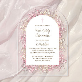 Invitaciones Acrílicas flores blancas de acuarela rosadas Primera Comunió