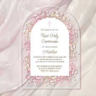 Invitaciones Acrílicas flores blancas de acuarela rosadas Primera Comunió