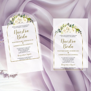 Invitaciones Acrílicas Flores Blancas De Lujo Oro Nuestra Boda Española