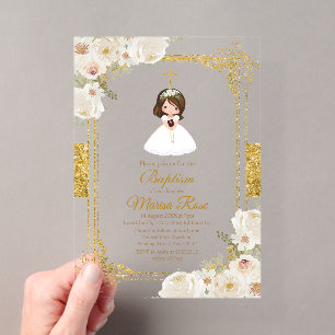 Invitaciones Acrílicas Flores Blancas de Oro Niña Primera Comunión