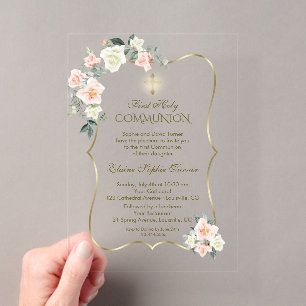 Invitaciones Acrílicas Flores blancas delicadas de color rosa para Primer