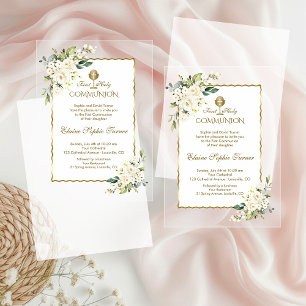 Invitaciones Acrílicas Flores Blancas Delicadas Niña Oro Comunión