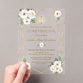 Invitaciones Acrílicas Flores Blancas Elegantes Cruz de Oro Confirmación