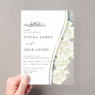 Invitaciones Acrílicas Flores blancas elegantes follaje boda musulmana is