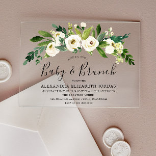 Invitaciones Acrílicas Flores blancas en flor Baby Shower & Brunch