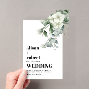 Invitaciones Acrílicas Flores blancas, eucalipto y boda enmarcada
