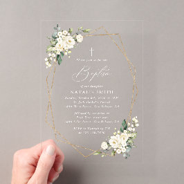 Invitaciones Acrílicas Flores Blancas, Flores Crema, Boho, Bautizo Floral