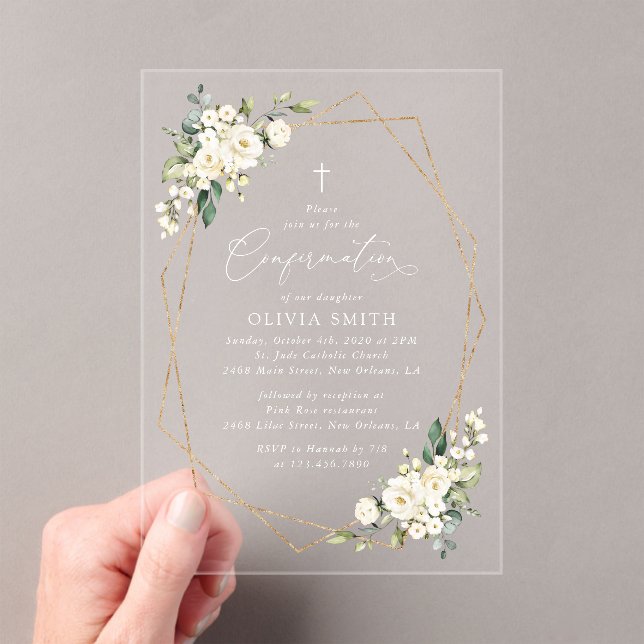 Invitaciones Acrílicas Flores Blancas, Flores Crema, Boho, Confirmación (Insitu (portátil))