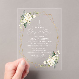 Invitaciones Acrílicas Flores blancas, flores crema, Boho, Confirmación