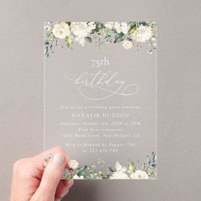 Invitaciones Acrílicas Flores Blancas, Flores Crema, Boho, Cumpleaños (Insitu (portátil))
