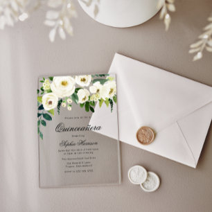 Invitaciones Acrílicas Flores Blancas Impresionantes Quinceañera Cumpleañ