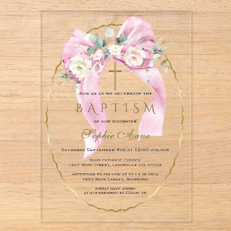 Invitaciones Acrílicas Flores blancas lazo rosa niña bautizo transparente