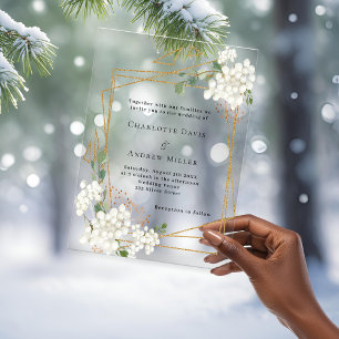 Invitaciones Acrílicas Flores blancas marco geométrico dorado boda transp