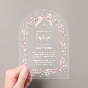 Invitaciones Acrílicas flores blancas rosadas Bautizo
