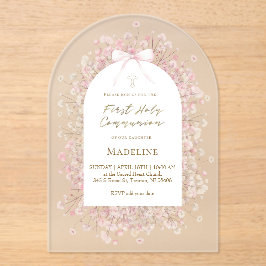 Invitaciones Acrílicas flores blancas rosadas Primera Comunión