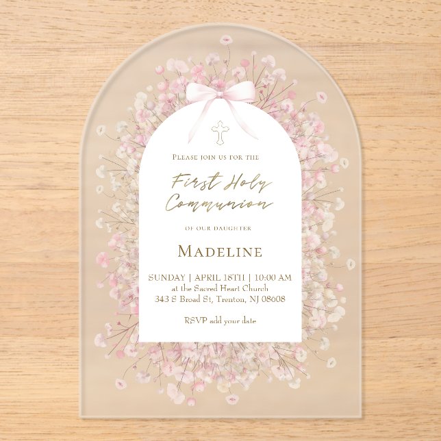 Invitaciones Acrílicas flores blancas rosadas Primera Comunión (Anverso)