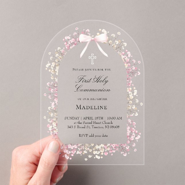 Invitaciones Acrílicas flores blancas rosadas Primera Comunión (Insitu (portátil))