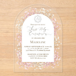 Invitaciones Acrílicas flores blancas rosadas Primera Comunión