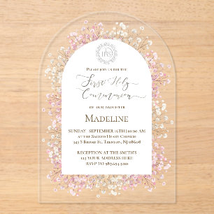 Invitaciones Acrílicas flores blancas rosadas Primera Comunión