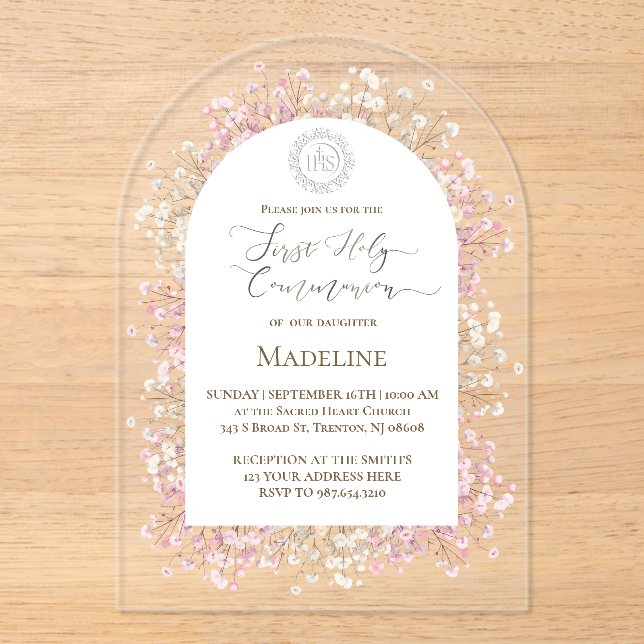 Invitaciones Acrílicas flores blancas rosadas Primera Comunión (Anverso)