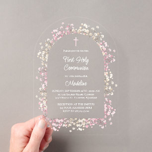 Invitaciones Acrílicas flores blancas rosadas Primera Comunión