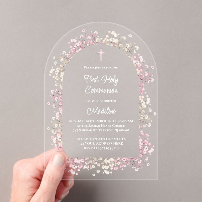 Invitaciones Acrílicas flores blancas rosadas Primera Comunión (Insitu (portátil))