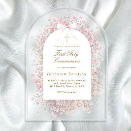 Invitaciones Acrílicas flores blancas rosadas Primera Comunión