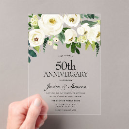 Invitaciones Acrílicas Flores blancas y 50 años de Crema Boda