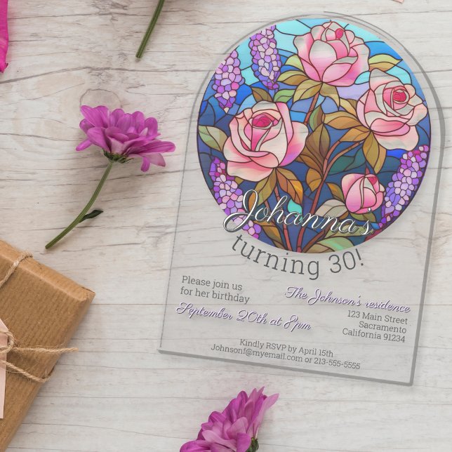 Invitaciones Acrílicas Flores boho de imitación de vidrio tintado cumplea (Subido por el creador)