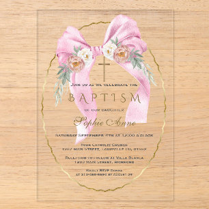 Invitaciones Acrílicas Flores Boho Lazo Rosa Niña Bautizo Transparente  