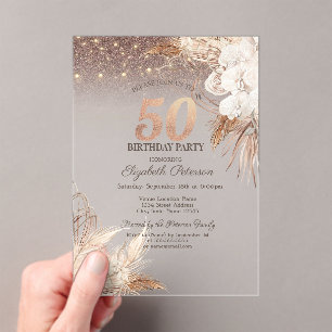 Invitaciones Acrílicas Flores Boho,Luces de Cadenas Brillantes Cumpleaños