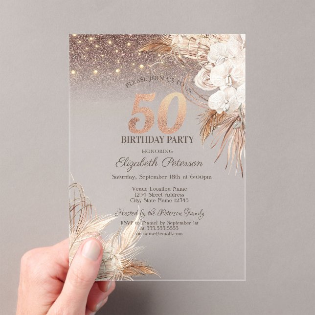 Invitaciones Acrílicas Flores Boho, Purpurina de las luces de cadena 50 c (Insitu (portátil))