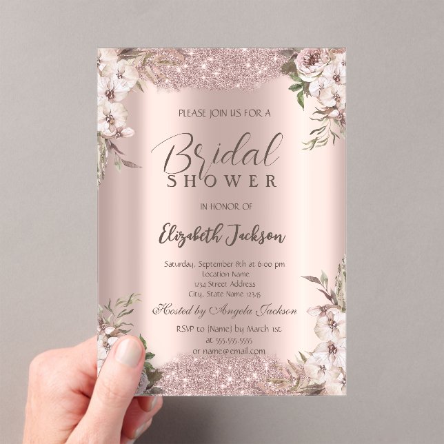 Invitaciones Acrílicas Flores Boho Rosa de marco brillante ducha de novia (Insitu (portátil))