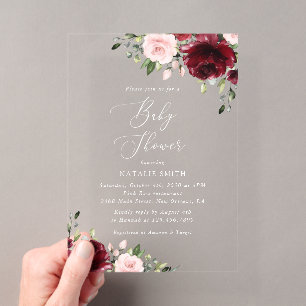 Invitaciones Acrílicas Flores Borgoña, Flores Rosadas, Boho, Baby Shower