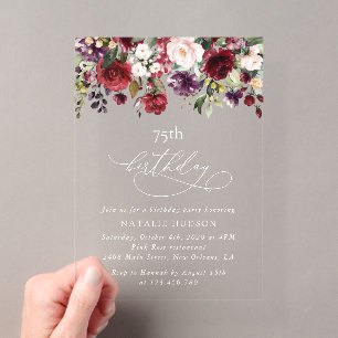 Invitaciones Acrílicas Flores Borgoña, Flores Rosadas, Boho, Cumpleaños