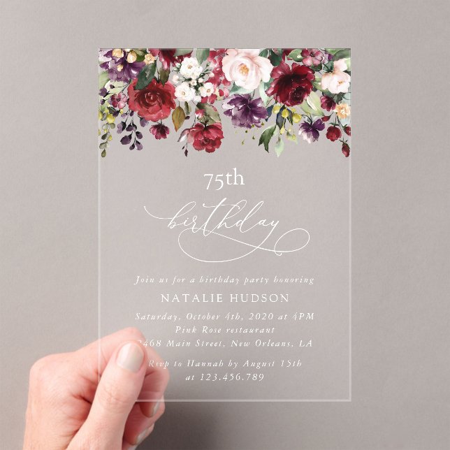 Invitaciones Acrílicas Flores Borgoña, Flores Rosadas, Boho, Cumpleaños (Insitu (portátil))