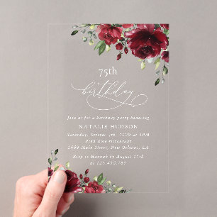 Invitaciones Acrílicas Flores Borgoña, Flores Rosadas, Boho, Cumpleaños