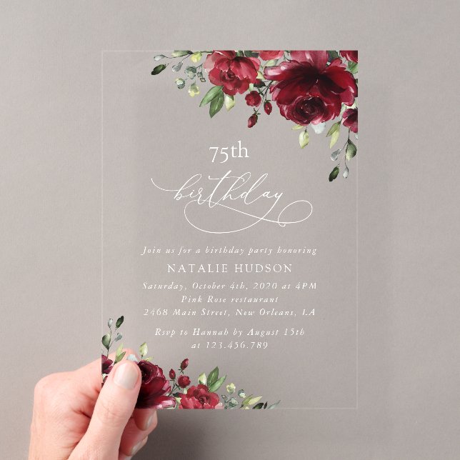 Invitaciones Acrílicas Flores Borgoña, Flores Rosadas, Boho, Cumpleaños (Insitu (portátil))