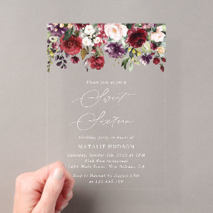 Invitaciones Acrílicas Flores Borgoña, Flores Rosadas, Boho, Dulces 16