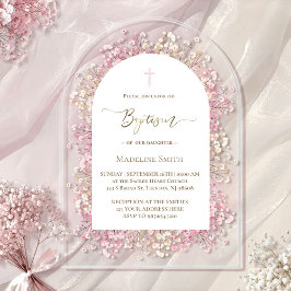 Invitaciones Acrílicas Flores color de agua blanco rosado Baptismo