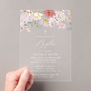 Invitaciones Acrílicas Flores Coloridas, Flores Silvestres, Boho, Bautizo