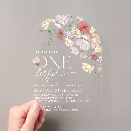 Invitaciones Acrílicas Flores Coloridas, Flores Silvestres, Primer Cumple