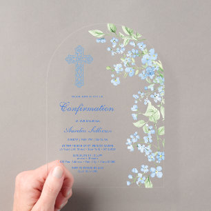 Invitaciones Acrílicas Flores de Acuarela Azul Arco de Confirmación